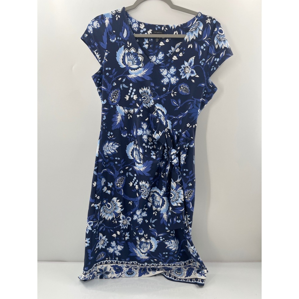 Talbots Womens Navy Blue Floral Faux Wrap Dress Short Sleeve V-Neck Size S